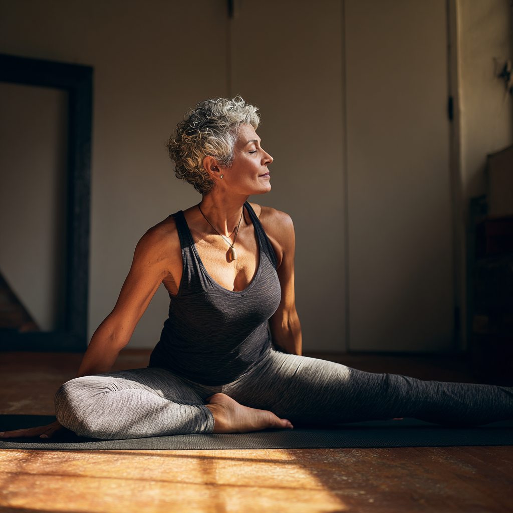 mature person stretching in peaceful yoga pose showing flexibility and wellness