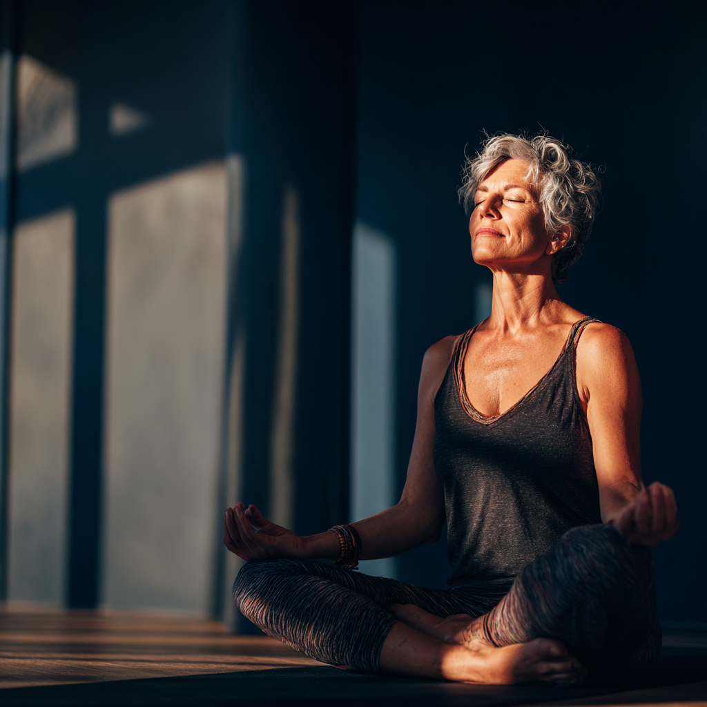 peaceful middle-aged woman practicing yoga meditation in natural lighting